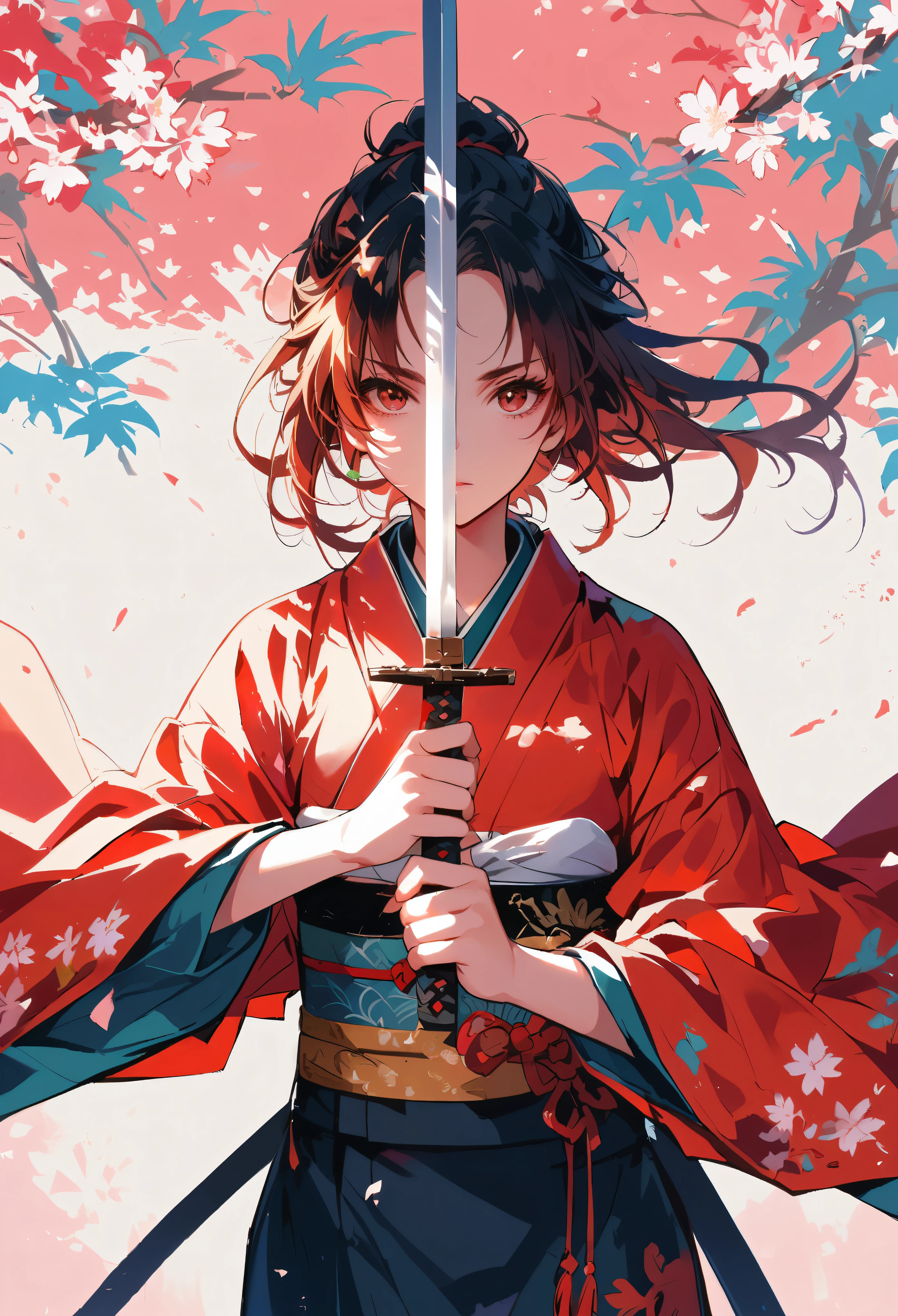 Sakura Kinomoto,Two-handed sword,Under the cherry trees,kimono
