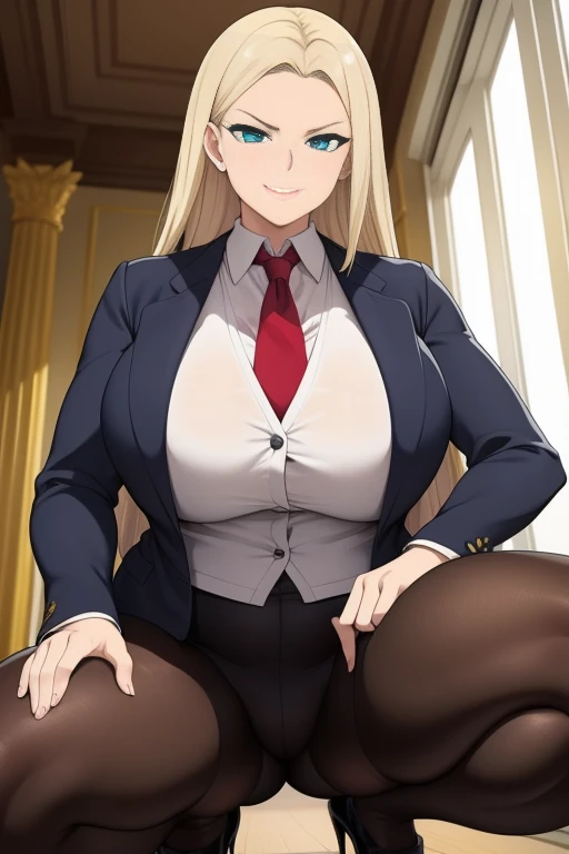 Woman in a business suit, stockings, curvy, busty, evil smirk, dominant stare, thick thighs, from below, squatting down, looking at viewer, inside a room, hand extended toward viewer