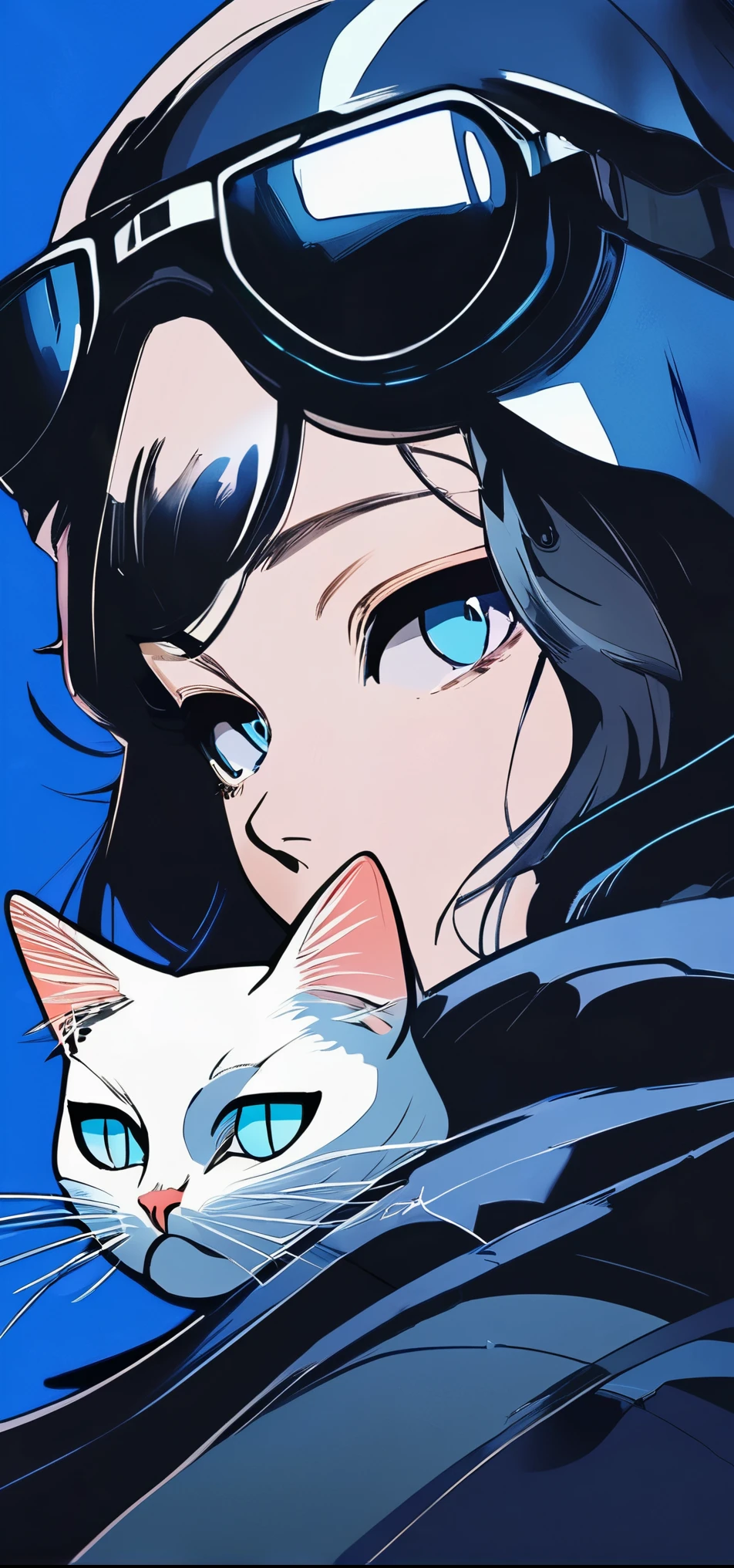 Anime girl with white cat on blue background, 哥特Catwoman孩的肖像, Catwoman, Anime style插画, Anime style 4K, Anime style肖像, Ilya Kuvshinov-Sti. 4K, Catwoman, Artyom and Ilya Kuvshinov, Emotional girl and her , 美丽的动漫Catwoman, Anime style, Anime style. 8K