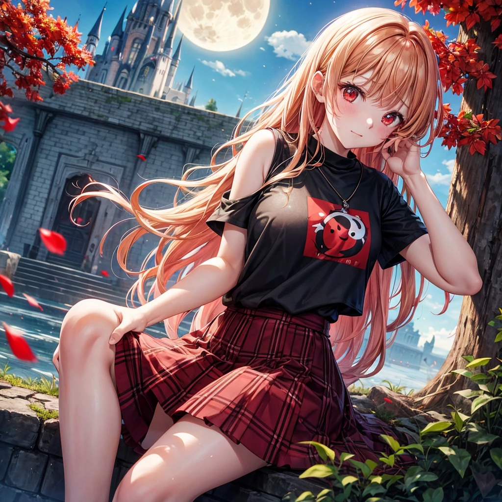 Red-blonde、Red eyes、One cute girl、solo、And soul、Light clothing、Checked mini skirt、petal、Wet hair、Sit on、black t-shirts、large tree、cloud、full moon、monster castle、lanthanum、Hell's Gate、Craft Gatekeeper、barefoot、Stones are piled up、Teeth are visible、Secret Treasure、Wooden chair、Wooden fence on fire