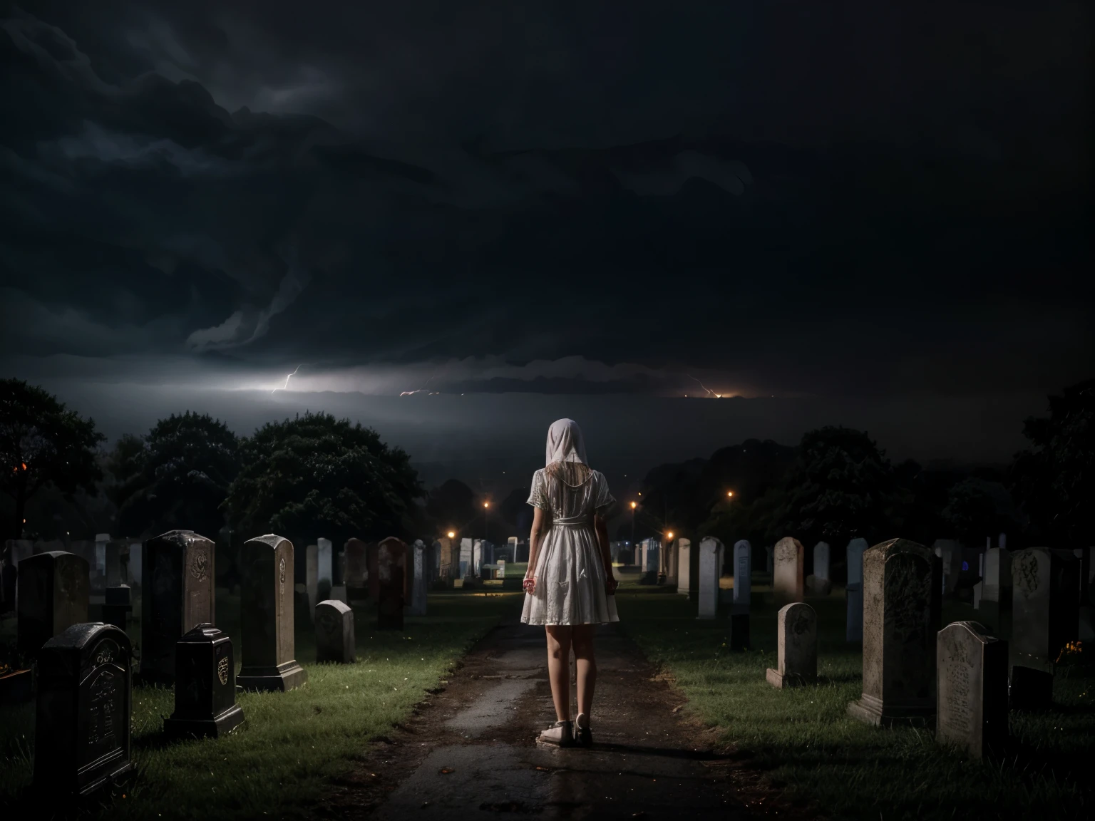 Ghost of  girl, standing, de corpo inteiro, white dress stained with blood, Facing the camera, look straight ahead, macabre cemetery scene, around a gloomy fog, on a rainy night, with lightning in the sky, picture-perfect, realisitic, 8k