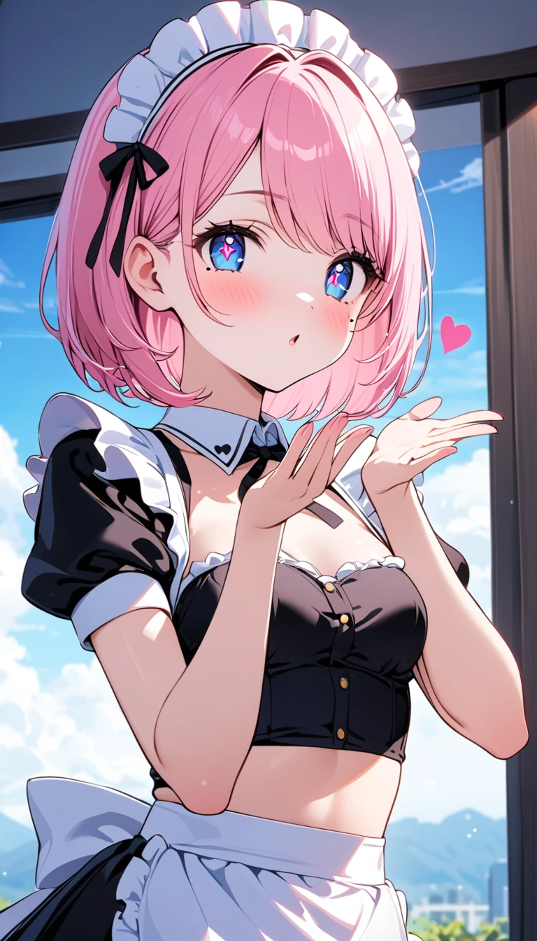 (1 girl),(Best Picture Quality, 8K, Masterpiece:1.3), (high school student:1.5), ((pink lob hair:1.1)), (bob cut),(swept bangs), (cute eyes, pupil black, iris skyblue, star-shaped_pupils, youthful face), (mole under right eye), (standard weight), (small breasts), (glistening skin:1.1),(pale skin:1.2),((pink Princess maid)),(midriff peek),((Akiba maid caffe)),(blowing kiss),