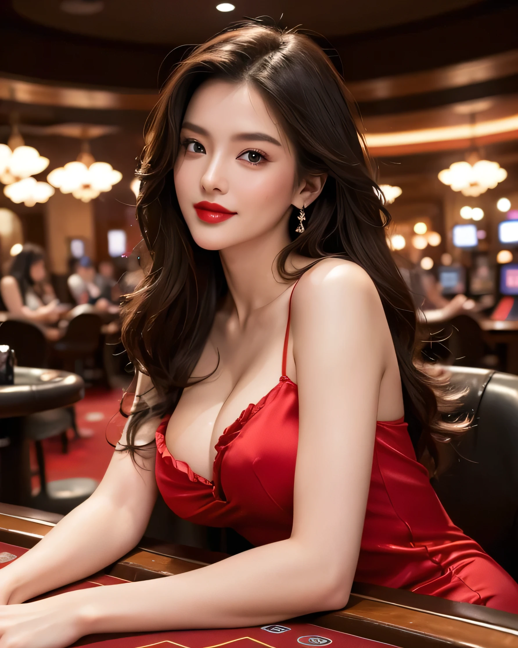 Ultra HD resolution，artistic photos，Professional erotic Photography，((21 year very sexy girl, long brunette messy hair, big breasts:1.2, cold ultra realistic skin, wearing a very sexy silk blouse, playing poker at a casino)), exposed cleavage, posing like a super-model, at a Poker table in a casino in Las Vegas, smiling at viewer, captivating eyes, natural red lips, attention to detail.