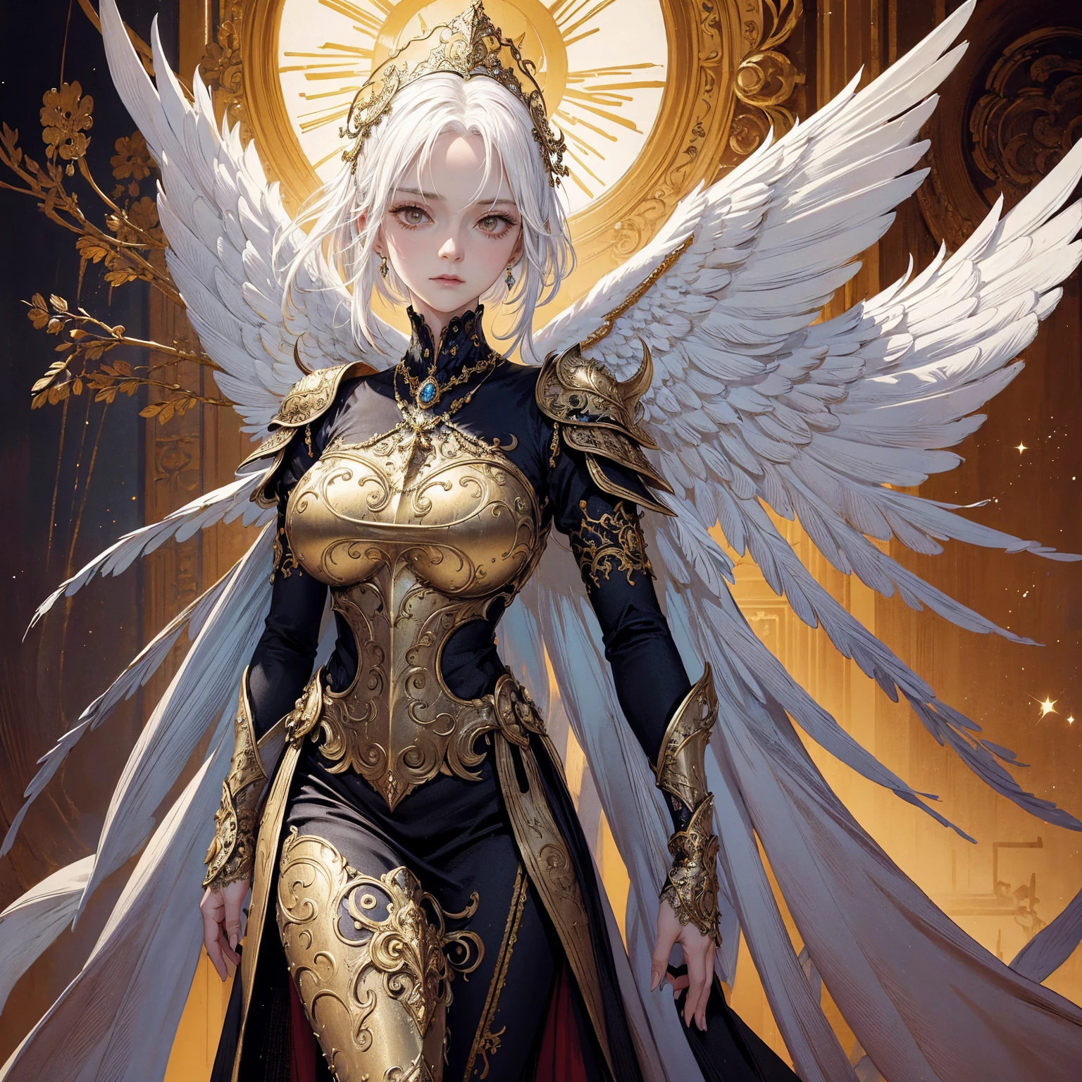 Art of elderly mature woman wearing sun crown, Wearing ornate breastplate that exposes a small amount of skin above the chest, A pair of armored angelic wings spreading out behind the woman, The wings have extremely huge size that even bigger than the woman's body, Ancient goddess art, Sacredness. Very detailed, Mysterious inspiration, Inspiration from the Sun God, Religious inspiration, Cold and snobbish face, No smile, Dangerous impersonal expressions, White hair, Standing, Full body portrait, Gothic art style, Weird art style, Occult art