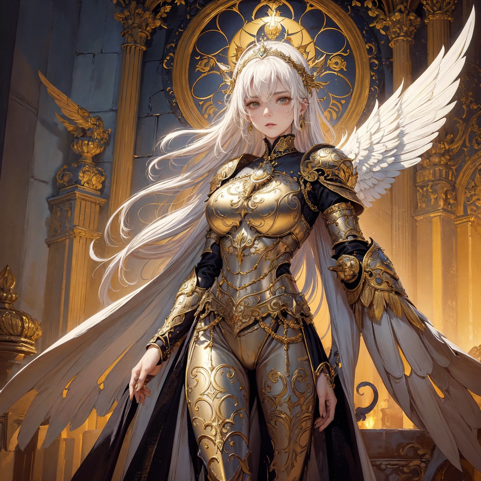 Art of elderly mature woman wearing sun crown, Wearing ornate breastplate that exposes a small amount of skin above the , A pair of armored angelic wings spreading out behind the woman, The wings have extremely huge size that even bigger than the woman's body, Ancient goddess art, Sacredness. Very detailed, Mysterious inspiration, Inspiration from the Sun God, Religious inspiration, Cold and snobbish face, No smile, Dangerous impersonal expressions, White hair, Standing, Full body portrait, Gothic art style, Weird art style, Occult art