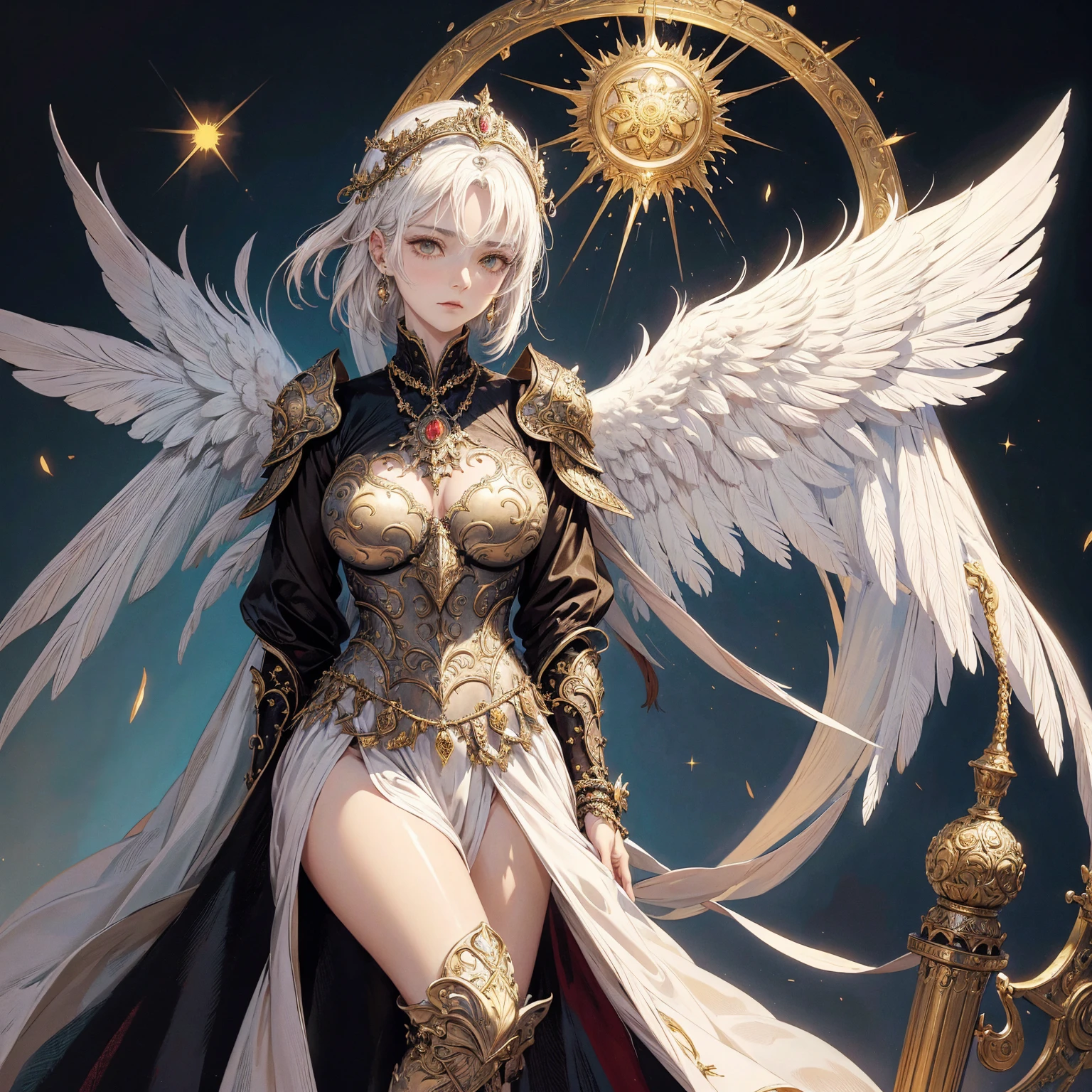 Art of a woman wearing a sun crown with giant angel wings behind her, The ancient goddess art of wearing a gorgeous breastplate and a gorgeous dress that exposes a small amount of skin above the chest., Sacredness. Very detailed, Mysterious inspiration, Inspiration from the Sun God, Religious inspiration, Extremely cold and snobbish face, Dangerous expressions, Serious expression, White hair, Standing, Full body portrait, Gothic art style, Weird art style, Occult art