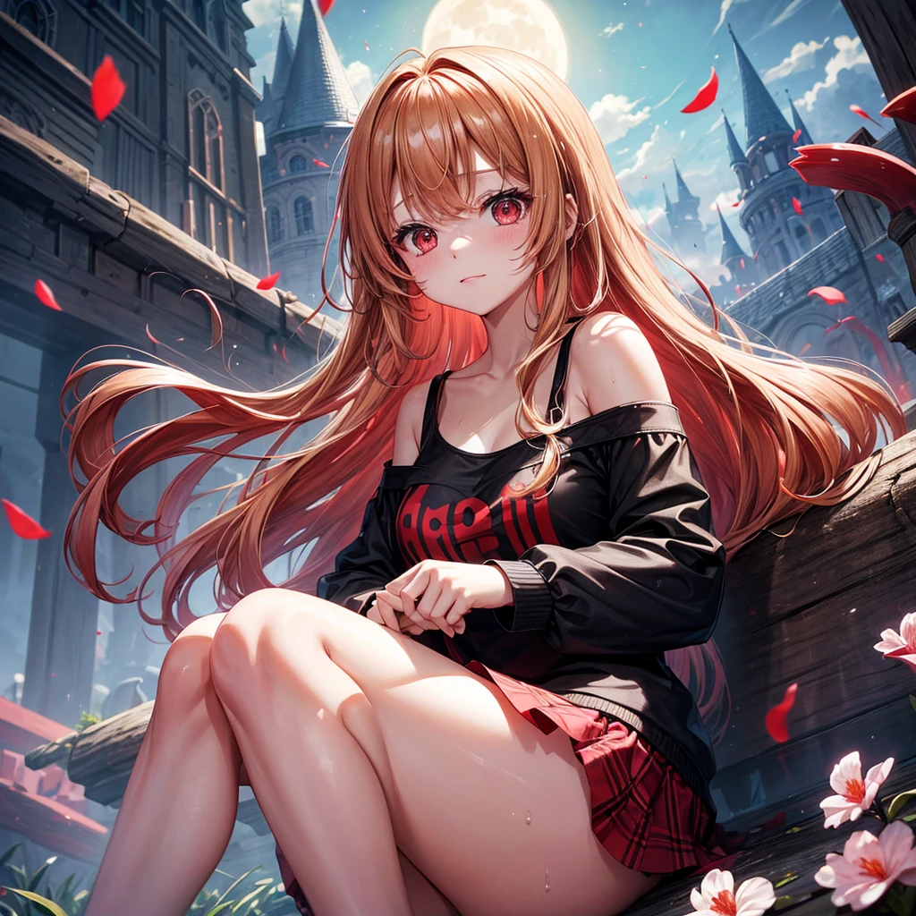 Red-blonde、Red eyes、One cute girl、solo、And soul、Light clothing、Checked mini skirt、petal、Wet hair、Sit on、black t-shirts、large tree、cloud、full moon、monster castle、lanthanum、Hell&#39;s Gate、Craft Gatekeeper、barefoot、Stones are piled up、Teeth are visible、Secret Treasure、Wooden chair、Wooden fence on fire