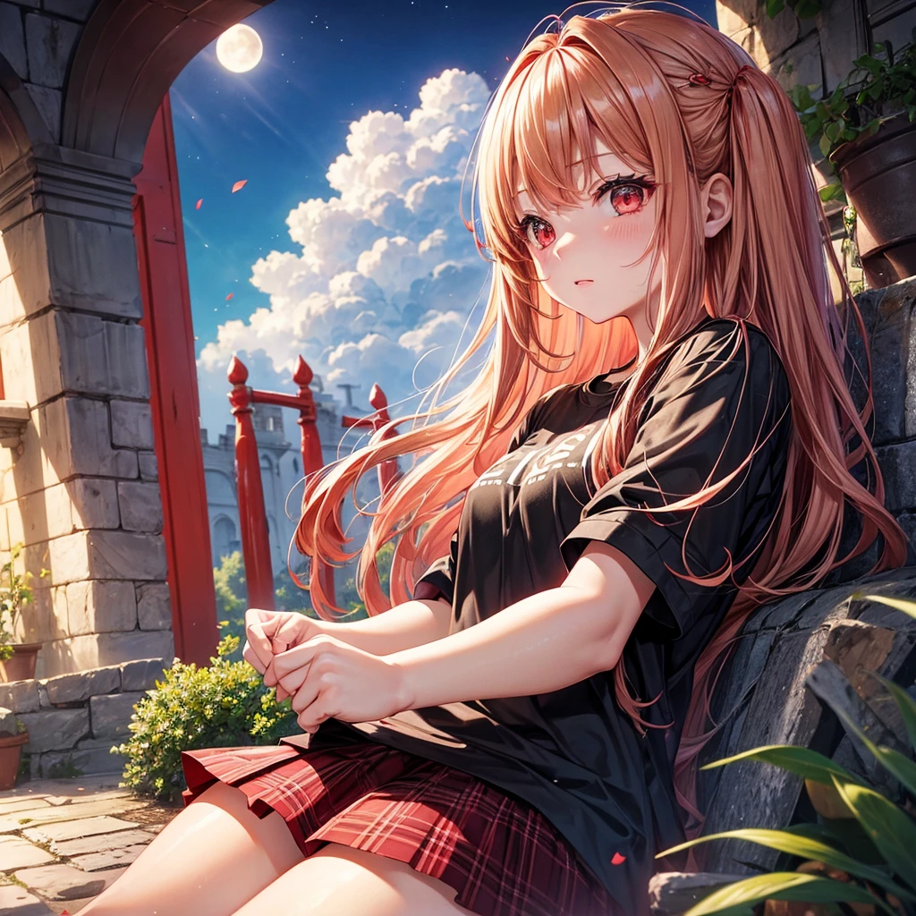 Red-blonde、Red eyes、One cute girl、solo、And soul、Light clothing、Checked mini skirt、petal、Wet hair、Sit on、black t-shirts、large tree、cloud、full moon、monster castle、lanthanum、Hell's Gate、Craft Gatekeeper、barefoot、Stones are piled up、Teeth are visible、Secret Treasure、Wooden chair、Wooden fence on fire