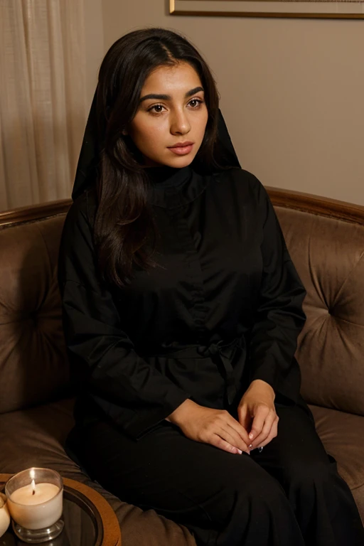 A shy but very beautiful Arab girl aged between 20-25 is sitting on a sofa in her dining room, thinking about what to eat. She is covered in an Abaya, which subtly reveals her curves. She has fair skin, very beautiful and wide eyes, bow-shaped eyebrows, and beautifully shaped lips. She is holding a fork in her left hand. The setting is cozy and intimate, highlighting her contemplative mood.