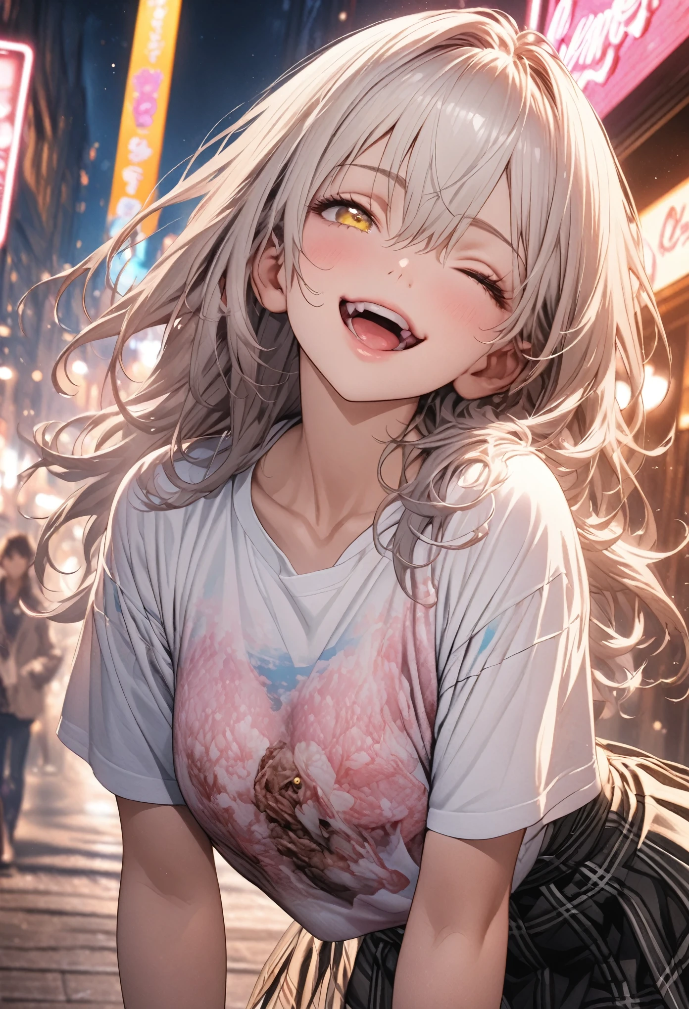 masterpiece, Highest quality, Highly detailed CG Unity 8k wallpaper, Realistic skin texture, Realistic texture, Anatomical Hand, High School Girl Anime Illustration. Wear an oversized white t-shirt、She is wearing a red and black checked skirt, peace fingersポーズをしている、she has her eyes closed and mouth open, smile. The background is a light pastel colored landscape., White hair color, Yellow Eyes, night, Neon lights in downtown, illumination, Bokeh, shallow depth of field,