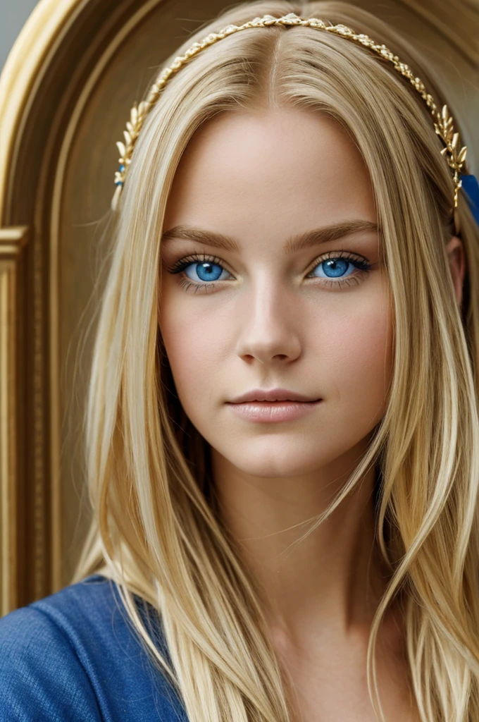 Portrait of a beautiful blonde girl identical to Emma Myers with blue eyes and a gold diadem on her head