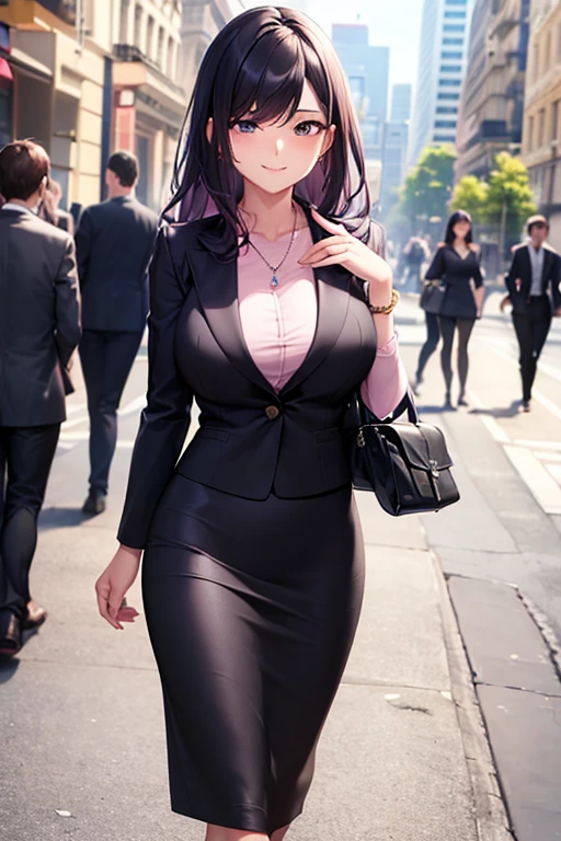 ((masterpiece, best quality, ultra-detailed)), 1girl, beautiful business woman walking in city back turned, smiling, blush, wearing pink blouse, blazer, bracelet, necklace, black midi pencil skirt, black suit skirt, heels, full body, wavy purple hair