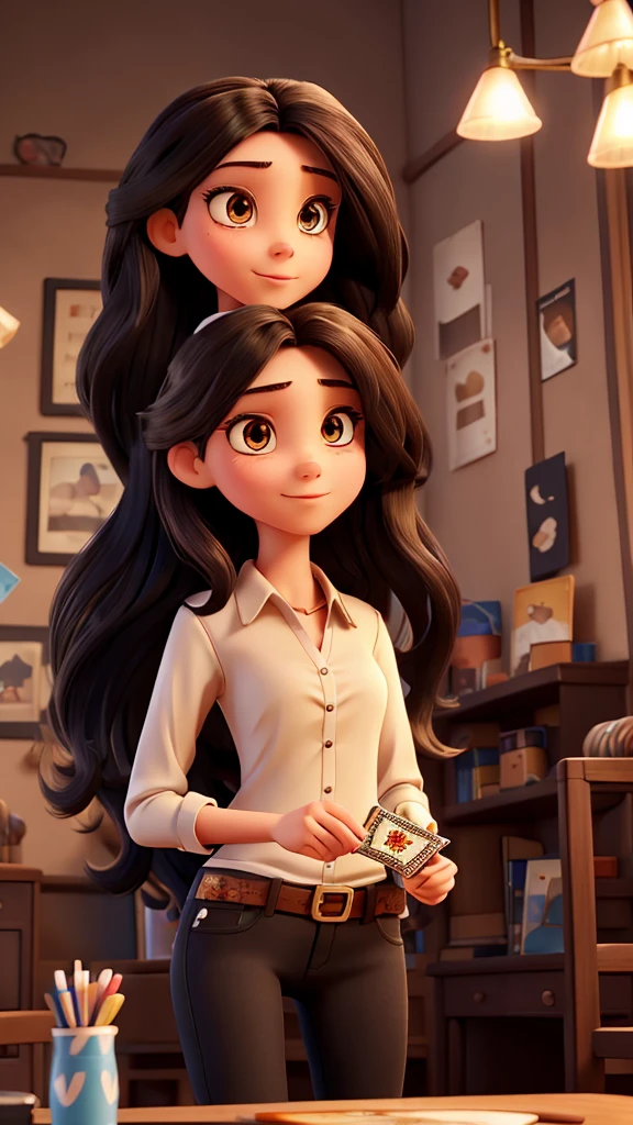 Caucasian female , long black hair ,light brown eyes , black blouse, jeans, holding playing cards in hand,disney pixer style