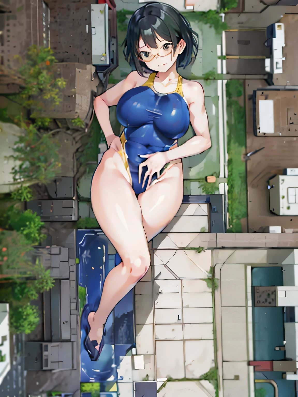 multiple girls, giantess art, highly detailed giantess shot, giantess, most detailed, perfect face, two legs, five fingers, short hair, beautiful girl bigger than a skyscraper, wearing rimless glasses, smiling, huge , swimsuit, stiletto heels, under heavy attack, seaside metropolis, numerous miniature warships on the sea, very small metropolis, miniature metropolis, full body depiction, GTS, giga giant, trampling city, crush city, tiny city, micro city, high resolution, best quality, masterpiece,