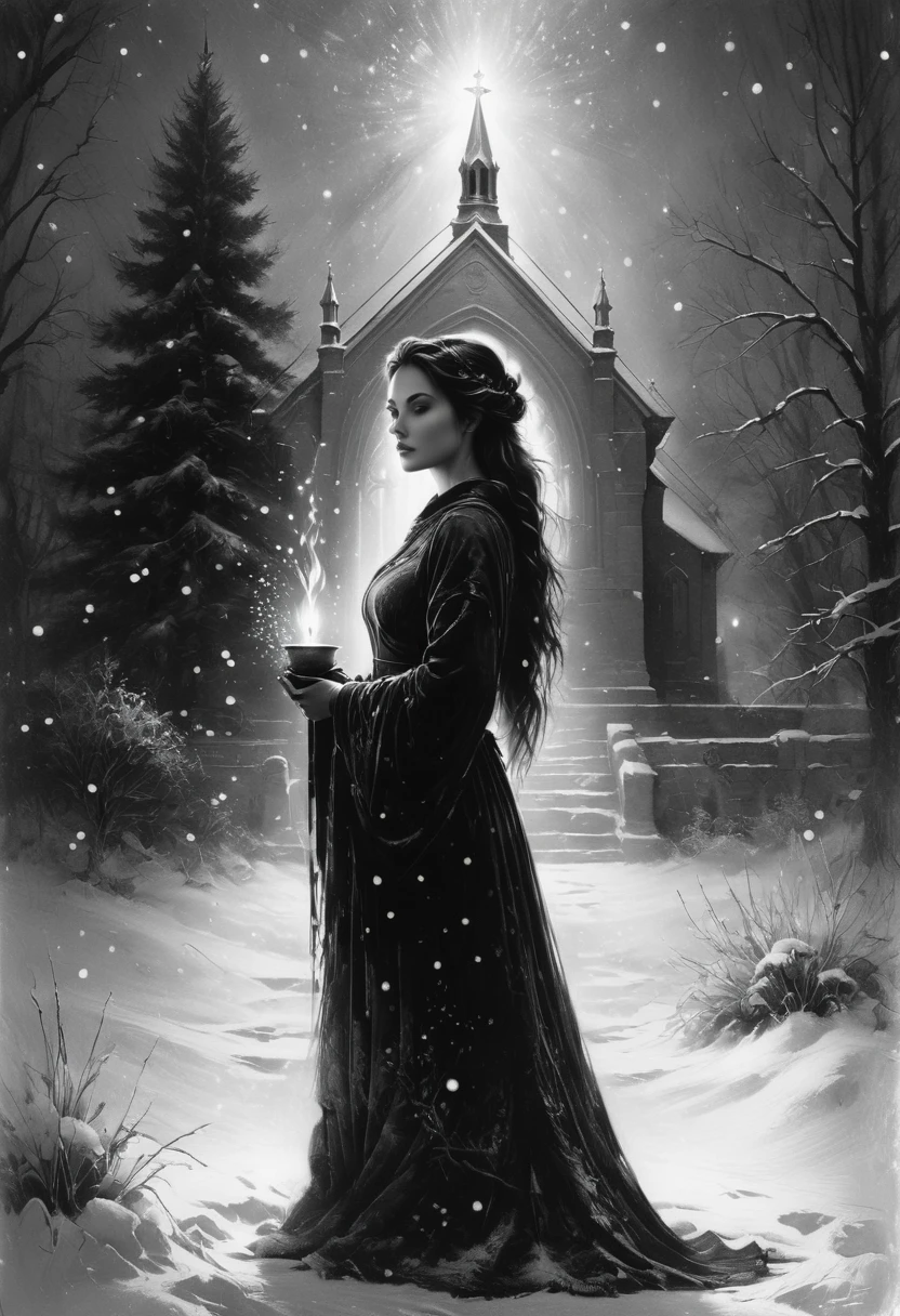 Black and white art, Sketch, fine lines and shading, a scattering of dots and lines creating a modern glitch effect, a serene winter scene depicting a beautiful woman standing gracefully in front of an enchanting snow-covered church, her graceful silhouette silhouetted against the soft glow of candles emanating from within, snowflakes falling softly around her, decorating her hair and red cloak with a delicate layer of frost, the frosty pattern creating a sense of ethereal beauty and peace, Fujifilm XT3, sharp focus, bokeh (dark light), inspiration. Authors: Jim Mahfood, Henry Asencio, Greg Rutkowski, Craig Davison, Jenny Saville, Bernie Wrightson, Frank Frazetta,Black and white art, black pencil shading, charcoal drawing, toned paper, pencil drawing, brutal dark b/w color scheme. style-sylvamagic, greg rutkowski