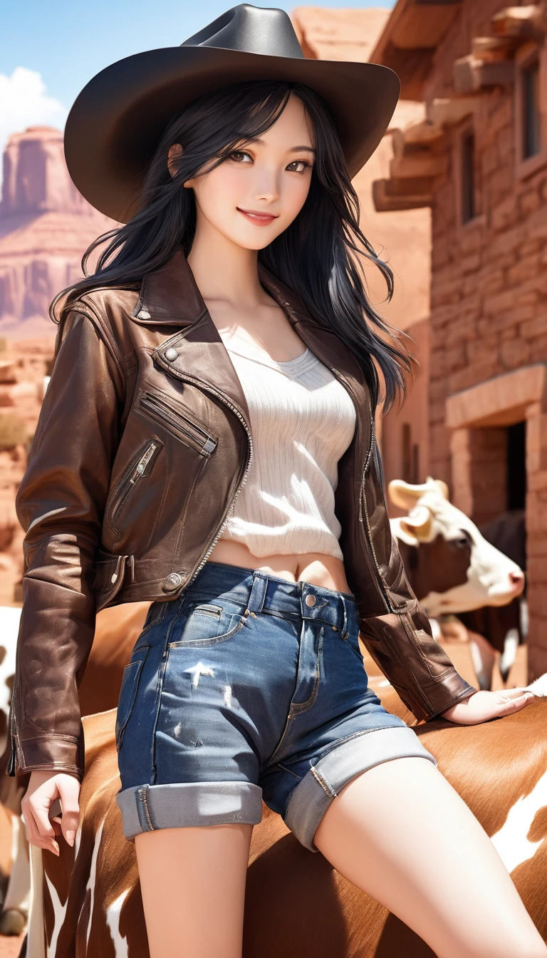 Highest quality, Great quality, 16K, Unbelievably absurd, Very detailed, delicate and dynamic,, Natural light, Monument Valley, vast ranch, Diffuse reflection of light, Vortex of Light, ,Old townscape, , , ,, Sparkling, Create amazing image effects, , Upper body close-up, (Cute sexy girl, , Sexy long legs, ,,, Active, smile, western cow girl, , Long black hair, Cowboy hat, Worn leather jacket, Jeans short pants, Leather cowboy boots,  )