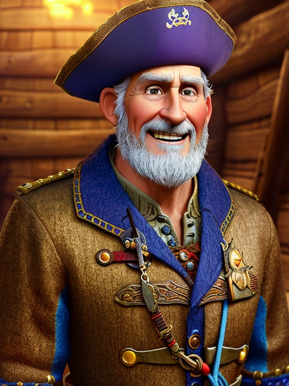 Pixarstyle A waist-high portrait of an elderly man with pirate clothes, smile, natural skin texture, 4K textures, HDR, intricate, highly detailed, sharp focus, cinematic look, hyper-detailed