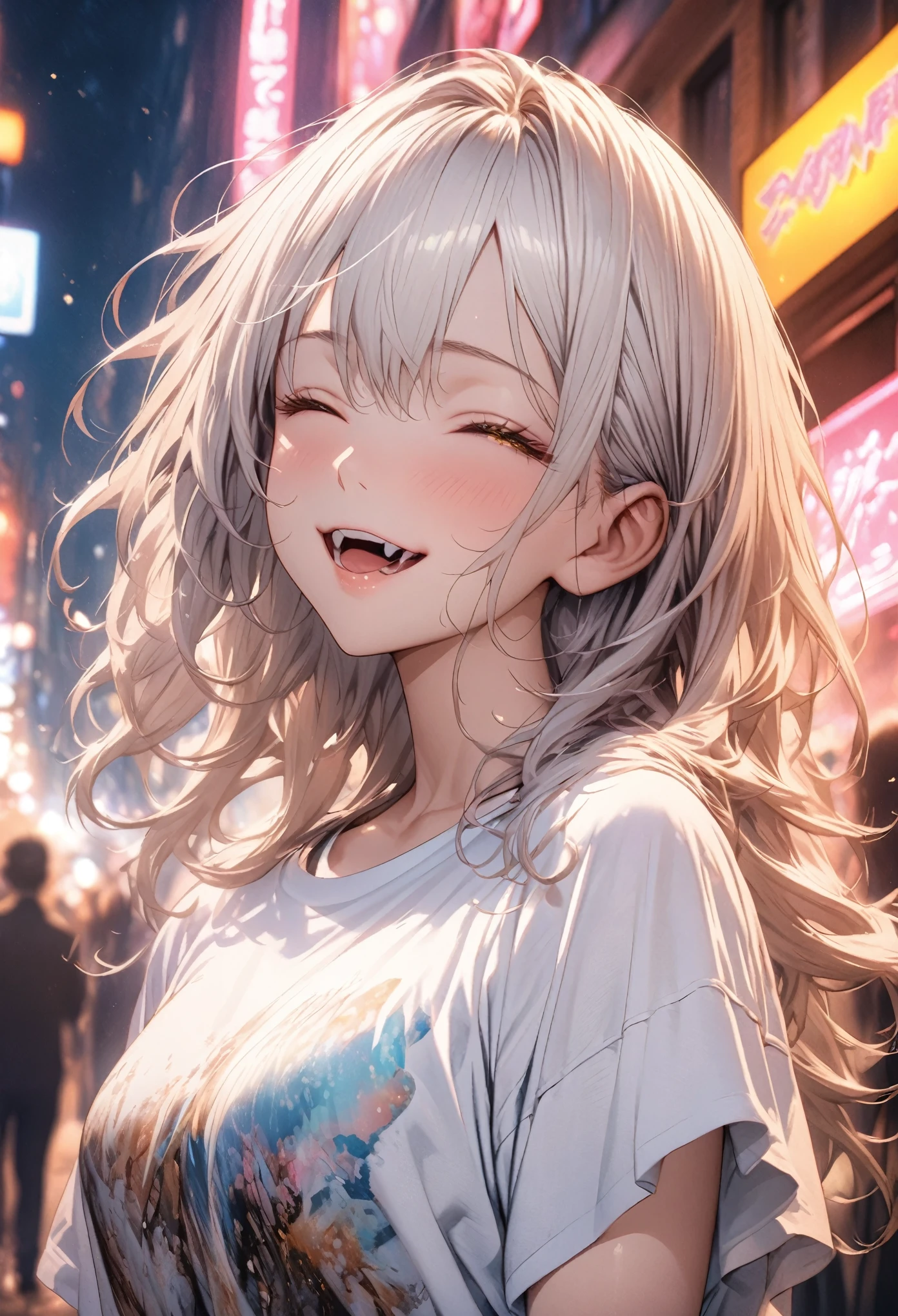 masterpiece, Highest quality, Highly detailed CG Unity 8k wallpaper, Realistic skin texture, Realistic texture, Anatomical Hand, High School Girl Anime Illustration. Wear an oversized white t-shirt、She is wearing a red and black checked skirt, peace fingersポーズをしている、she has her eyes closed and mouth open, smile. The background is a light pastel colored landscape., White hair color, Yellow Eyes, night, Neon lights in downtown, illumination, Bokeh, shallow depth of field, 