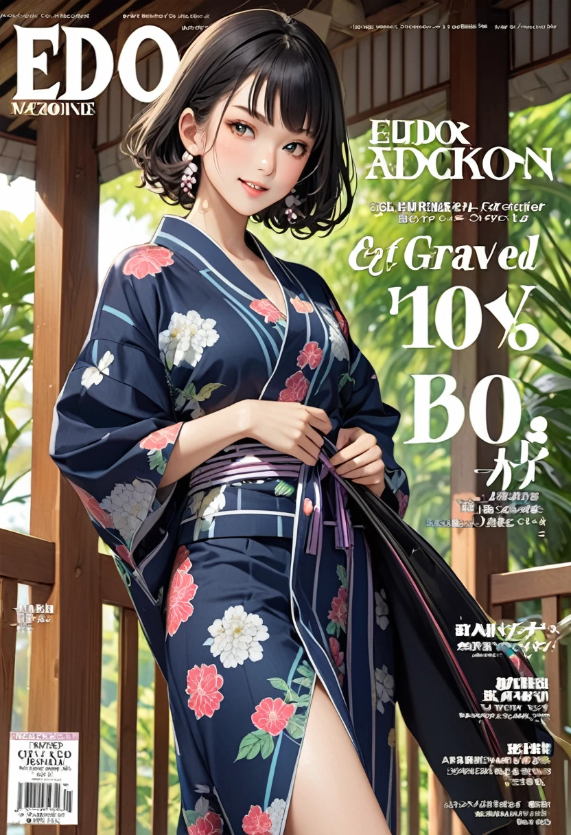 (fashion magazine cover:1.3),(magazine title of "edo mode"),(masterpiece, best quality:1.1),A gravure photo of a girl from the Edo period, with a model posing,unique pattern yukata,open yukata,model posing,summer,whole body,BREAK.(16yo,detailed face,(jet-black wavy-short hair),parallel eyebrows),shiny hair,great joy,