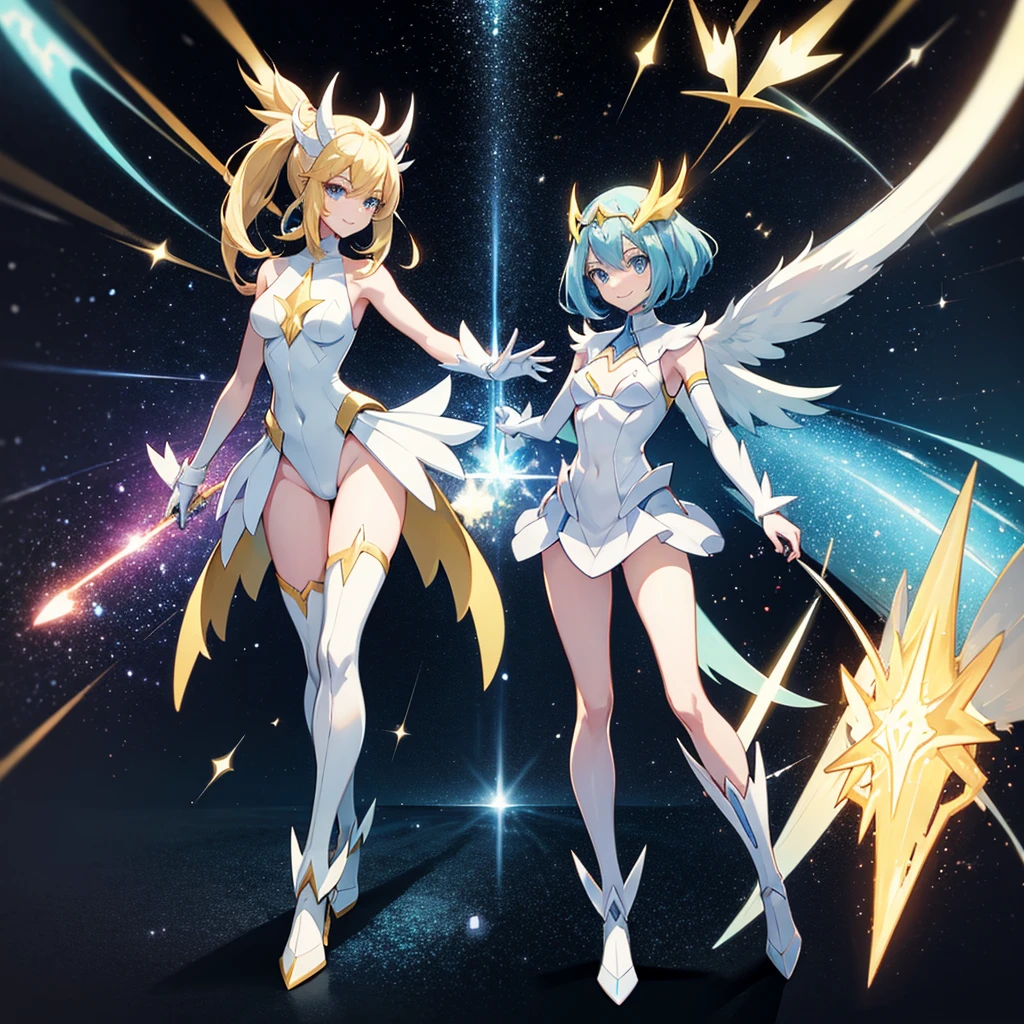 Pokemon Arceus in human and female form, walking with a smile over space