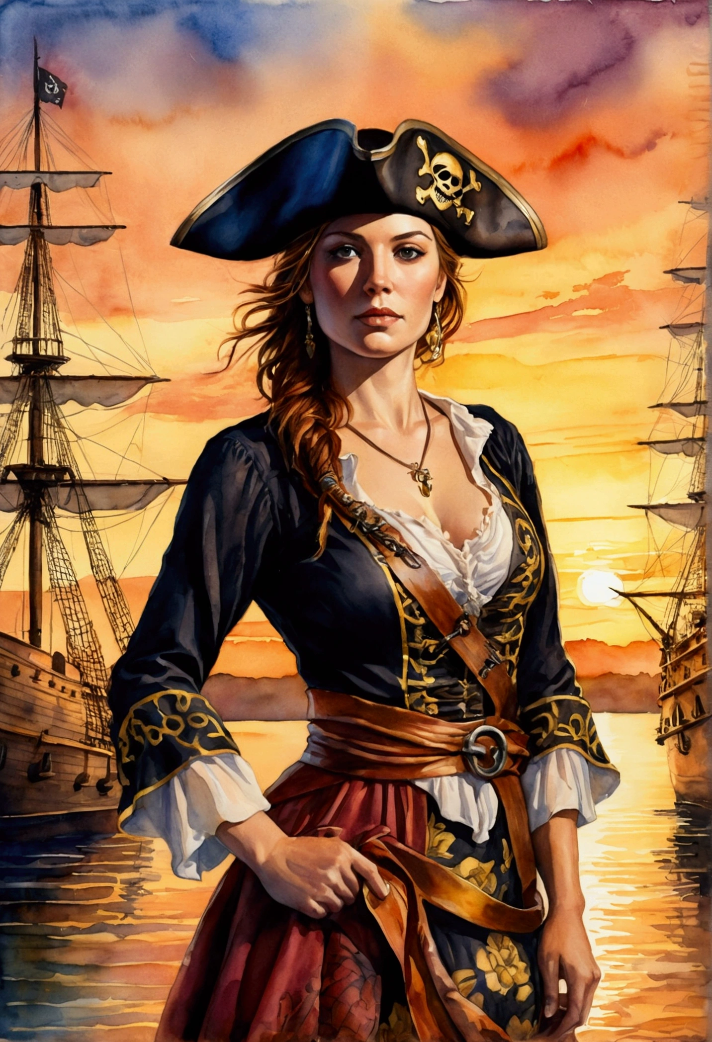 A captivating watercolor painting of a fearless female pirate standing proudly at the dock of her glorious ship. The sunset casts a warm, golden light through the pirate flag, illuminating her silhouette and highlighting her curves. She wears a traditional pirate hat and a flowing dress with a bold, floral pattern. The background features the ship, moored with ropes, and the setting sun casting a radiant glow on the horizon. The overall atmosphere is both fierce and enchanting., painting