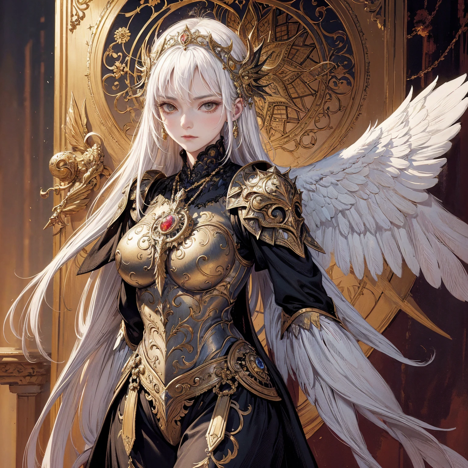 Art of elderly mature woman wearing sun crown, Wearing ornate breastplate that exposes a small amount of skin above the chest, A pair of armored angelic wings spreading out behind the woman, The wings have extremely huge size that even bigger than the woman's body, Ancient goddess art, Sacredness. Very detailed, Mysterious inspiration, Inspiration from the Sun God, Religious inspiration, Cold and snobbish face, No smile, Dangerous impersonal expressions, White hair, Standing, Full body portrait, Gothic art style, Weird art style, Occult art