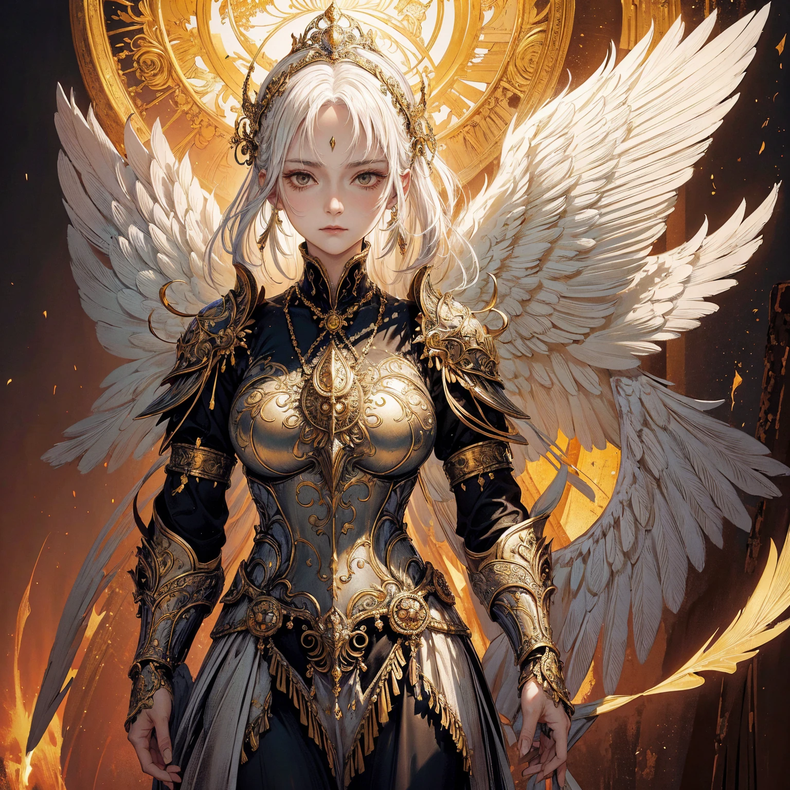 Art of elderly mature woman wearing sun crown, Wearing ornate breastplate that exposes a small amount of skin above the chest, A pair of armored angelic wings spreading out behind the woman, The wings have extremely huge size that even bigger than the woman's body, Ancient goddess art, Sacredness. Very detailed, Mysterious inspiration, Inspiration from the Sun God, Religious inspiration, Cold and snobbish face, No smile, Dangerous impersonal expressions, White hair, Standing, Full body portrait, Gothic art style, Weird art style, Occult art