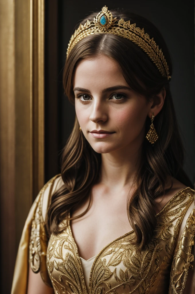 Portrait of Emma Myers with a gold diadem on her head