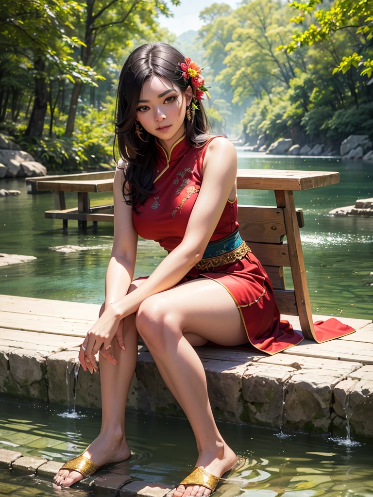 arafed woman sitting on a boat in a river with a flower in her hair, traditional beauty, beautiful oriental woman, vietnamese woman, gorgeous woman, beautiful asian woman, gorgeous lady, beautiful asian girl, sukhothai costume, south east asian with long, dramatic smile pose intricate, asian woman, traditional art, beautiful woman, traditional, an asian woman, traditional clothes, masterpiece, best quality:1.2),,(8k,highres,RAW photo,realistic,photo-realistic:1.3),(detailed skin texture,detailed cloth texture,beautiful detailed face:1.25),professional lighting,photon mapping,beautiful soft light,radiosity,physically-based rendering,raytracing, model shoot style, model shoot style, (extremely detailed CG unity 8k wallpaper), full shot body photo of the most beautiful artwork in the world,