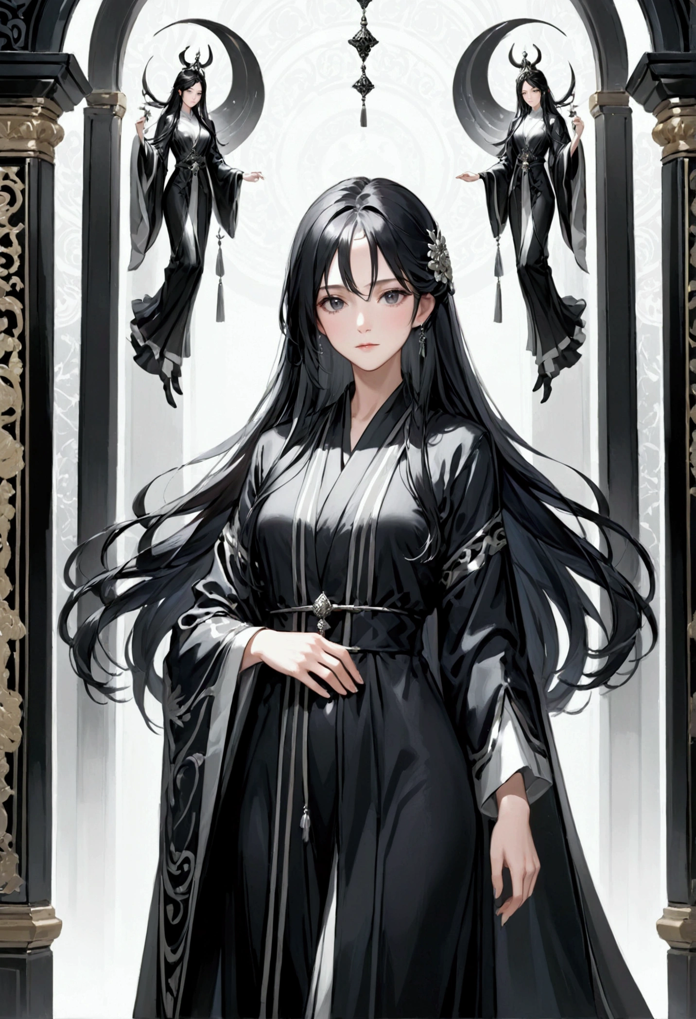 Mature Girl with long black hair with silver highlight, dark onyx eyes,tall rectangular body figure,black and white robes