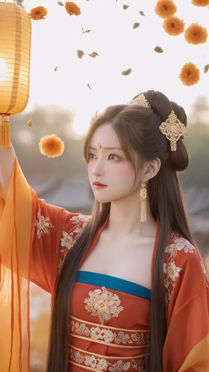 best quality,masterpiece,highres,(exquisite body:1.5),gorgeous face,(milky skin:1.3),intricate details,high resolution,wallpaper,1girl,solo,dress,hair ornament,(((gold and red dress))),flowers,long hair,brown hair,closed mouth,jewelry,long sleeves,wide sleeves,big eyes,floating hair,chinese clothes,hanfu,embroidery,long skirt,natural pose,falling petals,indoor,fanning,lantern,16K,HDR,highres,depth field,(film grain:1.1),boken,golden hour,(lens flare),vignette,rainbowing,(color grading:1.5),(large breasts:1.2),(upper body:1.3),looking at viewer,