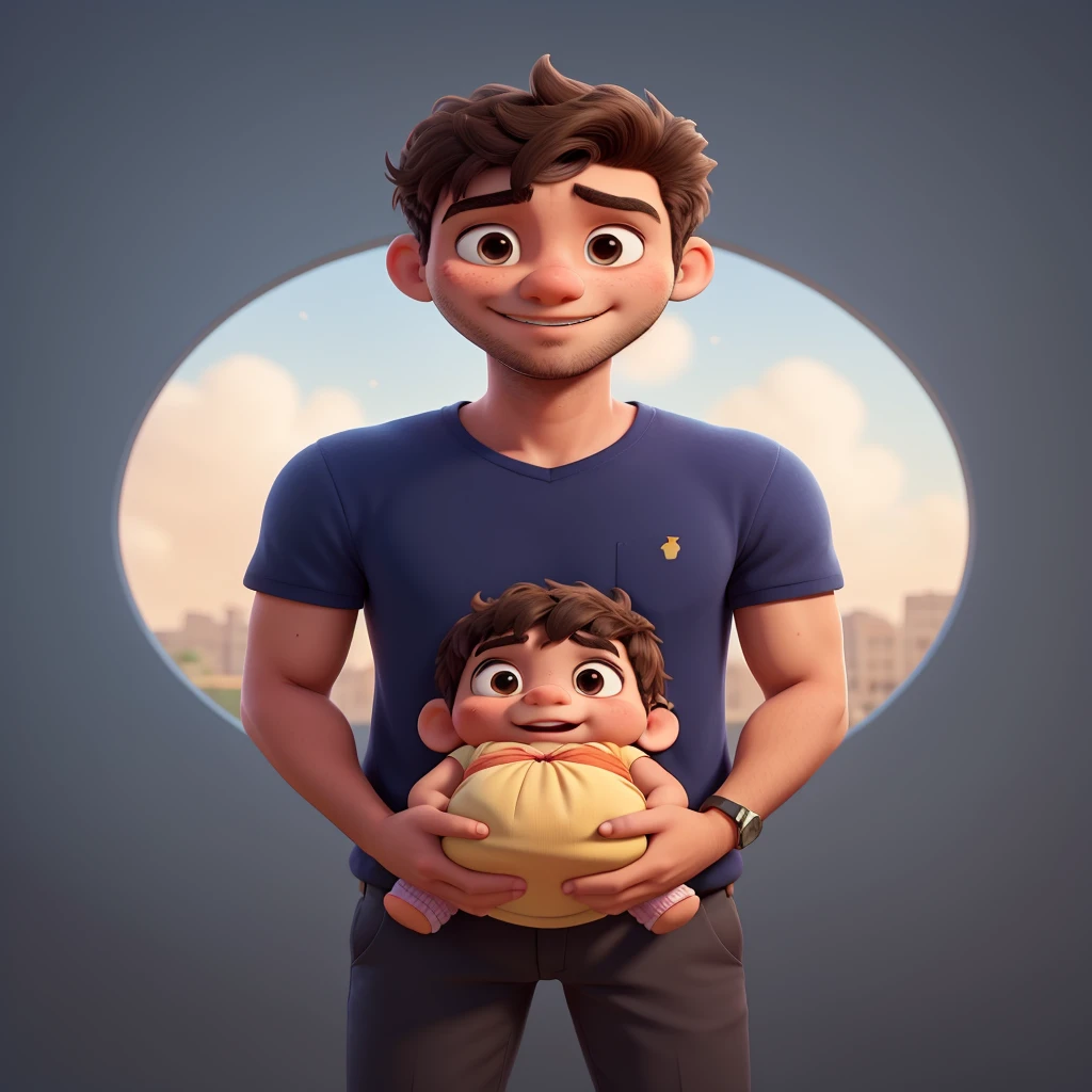 Illustration images for a storybook of a young Brazilian father with his newborn daughter