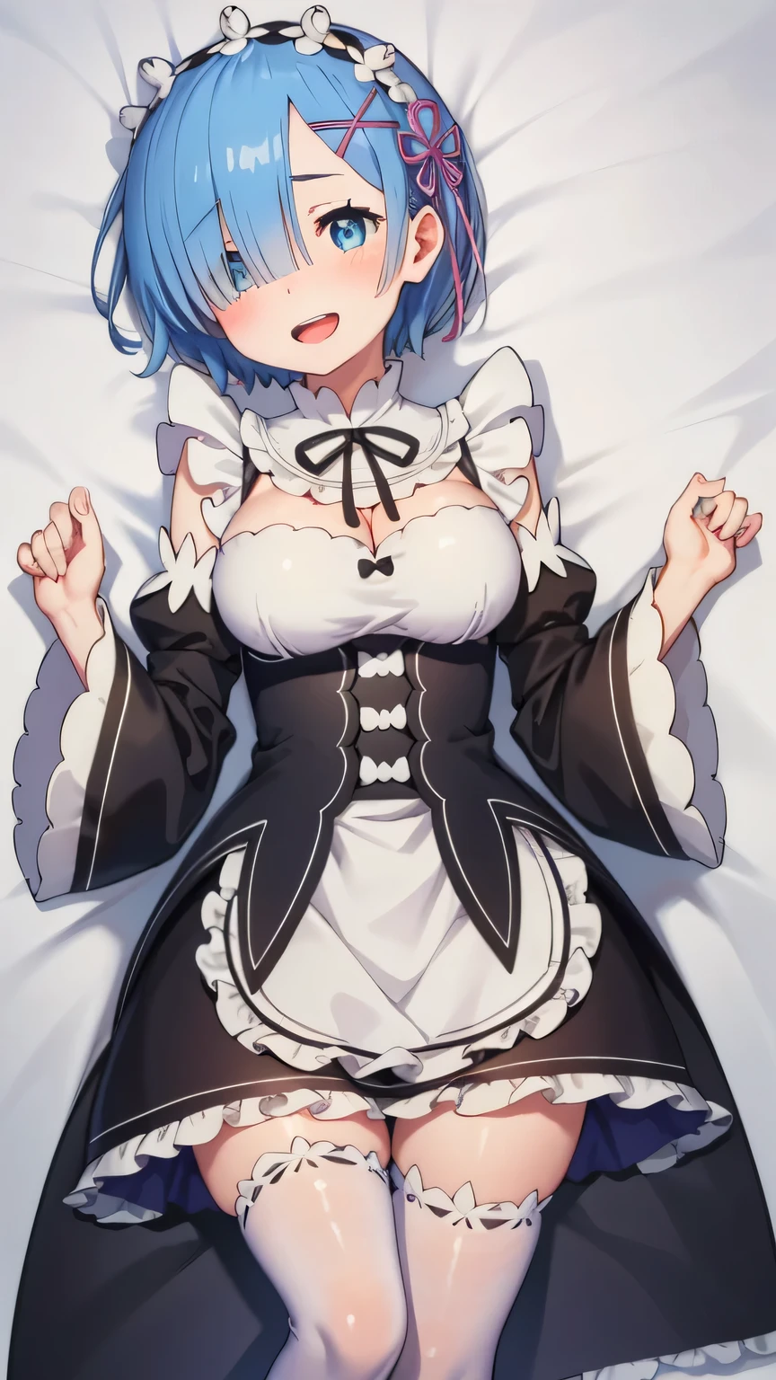 {{{masterpiece}}}, {{{best quality}}}, {{ultra-detailed}}, {illustration}, {{an extremely delicate and beautiful}}, (beautiful detailed eyes:1.6), extremely detailed face, extremely detailed CG, (perfect hands, perfect anatomy), 16k, anime face, rem (re:zero), phRem, 1girl, cute face, blue hair, short hair, hair over one eye, blue eyes, hair ornament, x hair ornament, flushed cheeks, big breasts, thin waist, big hips, curvaceous, maid, roswaal mansion maid uniform, detached sleeves, black sleeves, black ribbon, white thighhighs, apron, black skirt, thighs, zettai ryouiki, BREAK, lying, on back, smiling, open mouth, embarrassed, flushed cheeks, looking at viewer, on the bed, toes, dakimakura