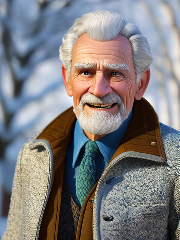 Pixarstyle A full size image of an elderly man with winter clothes, smile, natural skin texture, 4K textures, HDR, intricate, highly detailed, sharp focus, cinematic look, hyper-detailed
