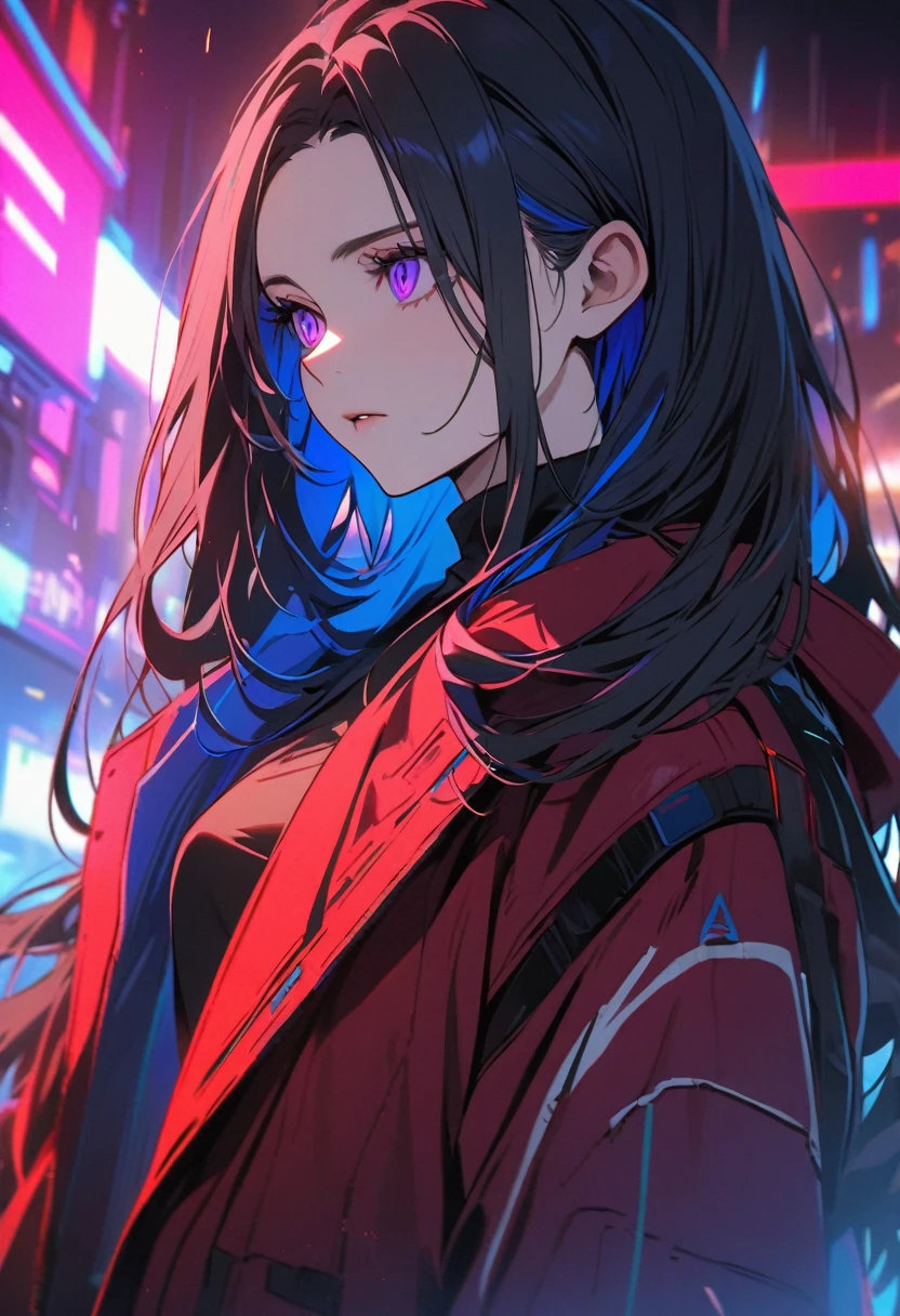 handsome, alone, 1 female, long hair, black hair, Blue highlights on the ends of the hair, purple eyes, black shirt, red coat, of the future, cyberpunk