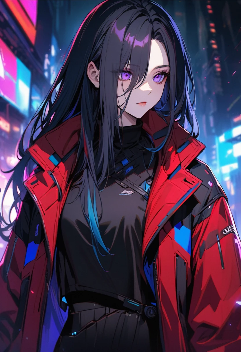 handsome, alone, 1 female, long hair, black hair, Blue highlights on the ends of the hair, purple eyes, black shirt, red coat, of the future, cyberpunk