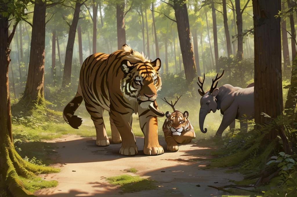 a rabbit, a deer, an elephant, a tiger, a lion, a snake walking in a dry, desolate forest, (best quality,4k,8k,highres,masterpiece:1.2),ultra-detailed,(realistic,photorealistic,photo-realistic:1.37),intricate details, detailed animal anatomy, bad forest, destroy tree, nothing flowers, nothing grass
