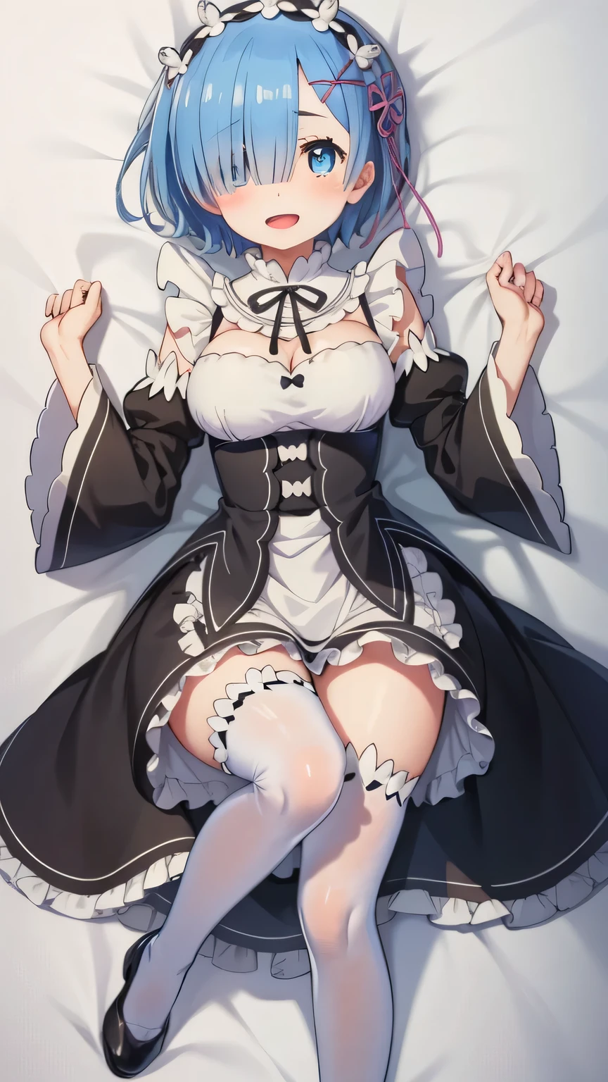 {{{masterpiece}}}, {{{best quality}}}, {{ultra-detailed}}, {illustration}, {{an extremely delicate and beautiful}}, (beautiful detailed eyes:1.6), extremely detailed face, extremely detailed CG, (perfect hands, perfect anatomy), 16k, anime face, rem (re:zero), phRem, 1girl, cute face, blue hair, short hair, hair over one eye, blue eyes, hair ornament, x hair ornament, flushed cheeks, big breasts, thin waist, big hips, curvaceous, maid, roswaal mansion maid uniform, detached sleeves, black sleeves, black ribbon, white thighhighs, apron, black skirt, maid shoes, thighs, zettai ryouiki, BREAK, lying, on back, smiling, open mouth, embarrassed, flushed cheeks, looking at viewer, on the bed, dakimakura