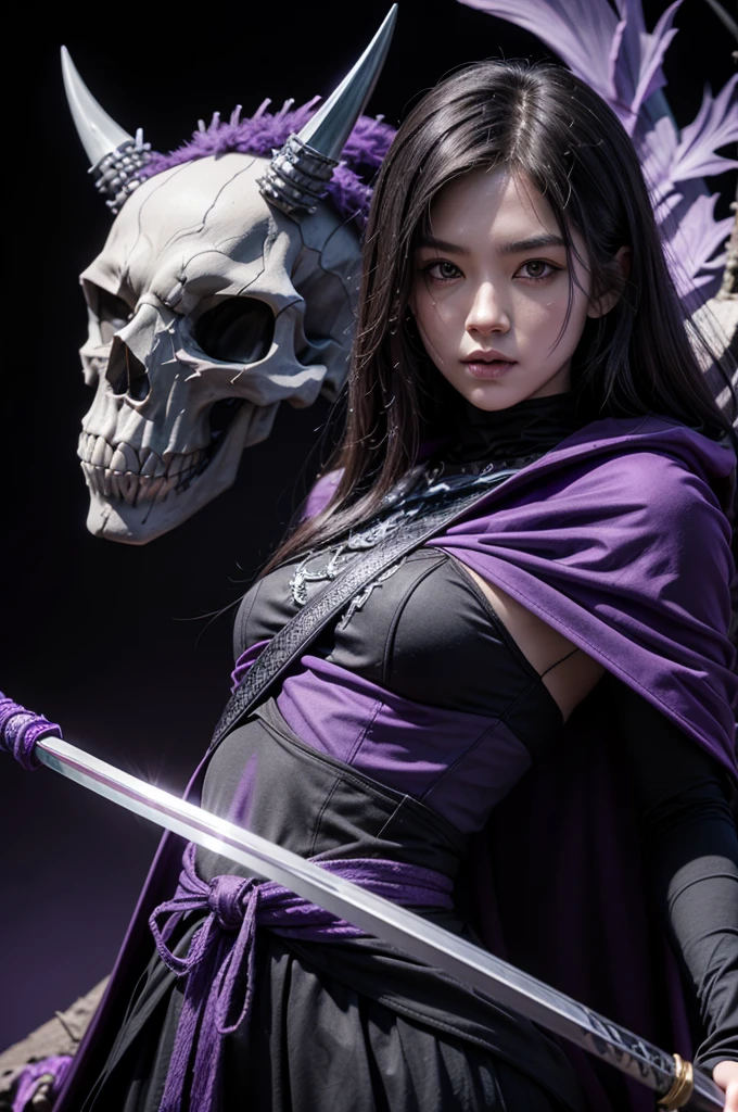 Skull with black eyes, wearing a purple cape, with skeletal body, holding a katana, (purple aura) and a dragon behind purple and blue color
