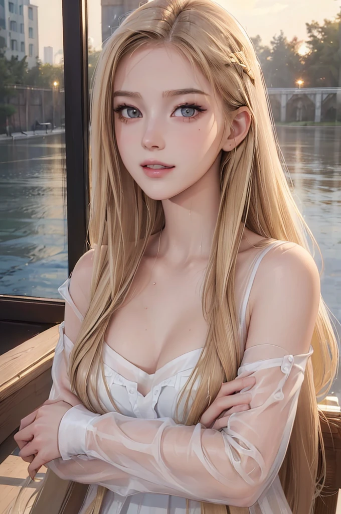 ((((masterpiece, best quality, high resolution)))), Extremely detailed 8K, Beautiful girl with slender body, e-girl, (Ultra HD, Ultra-detailed, Highly detailed, Highly realistic, Ultra-realistic, photograph realistic), (1girl:1.5), (Realistic blonde hair with dark roots), ,(dark makeup, pink eyeshadow), facing at camera, light smile, (white and gold outfit, see through clothes, wet skin, transparent). (space cruise), coy grin
