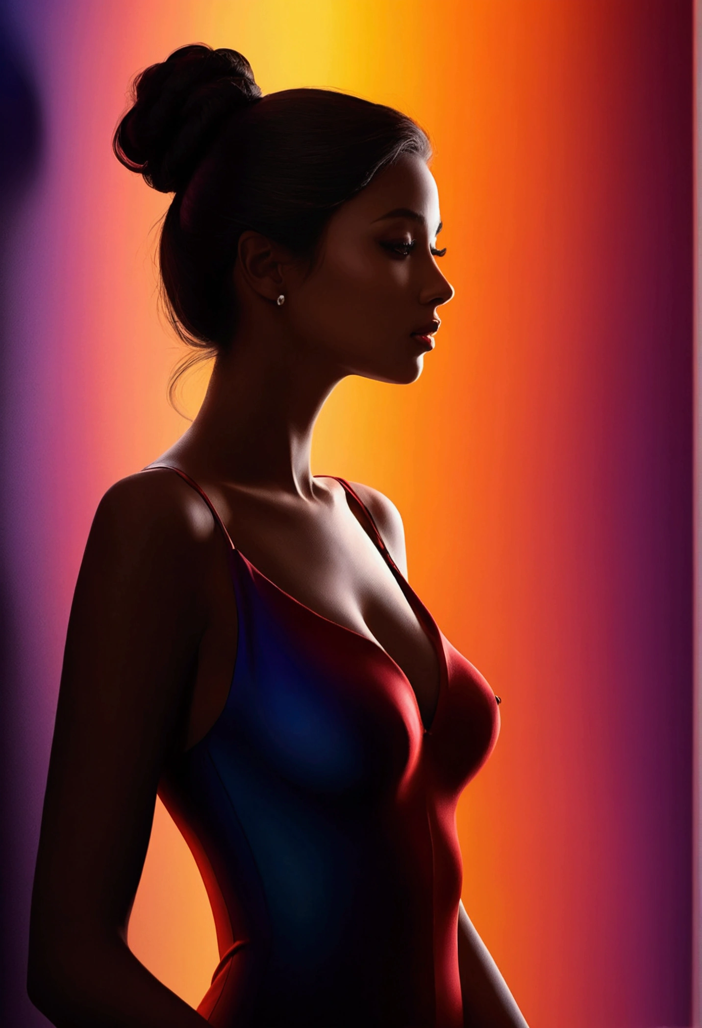 A captivating silhouette of a pretty lady for visualize pleasure. creating a striking contrast between colorful gradient and shadow. The rendering is smooth and detailed, with a focus on the elegant curves and contours of the figure. The overall atmosphere of the piece is mysterious and alluring, inviting viewers to explore the depths of their desired imagination.