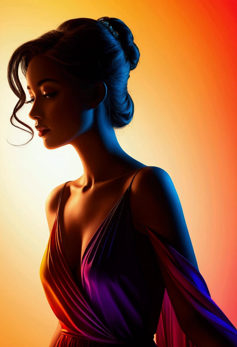A captivating silhouette of a pretty lady for visualize pleasure. creating a striking contrast between colorful gradient and shadow. The rendering is smooth and detailed, with a focus on the elegant curves and contours of the figure. The overall atmosphere of the piece is mysterious and alluring, inviting viewers to explore the depths of their desired imagination.