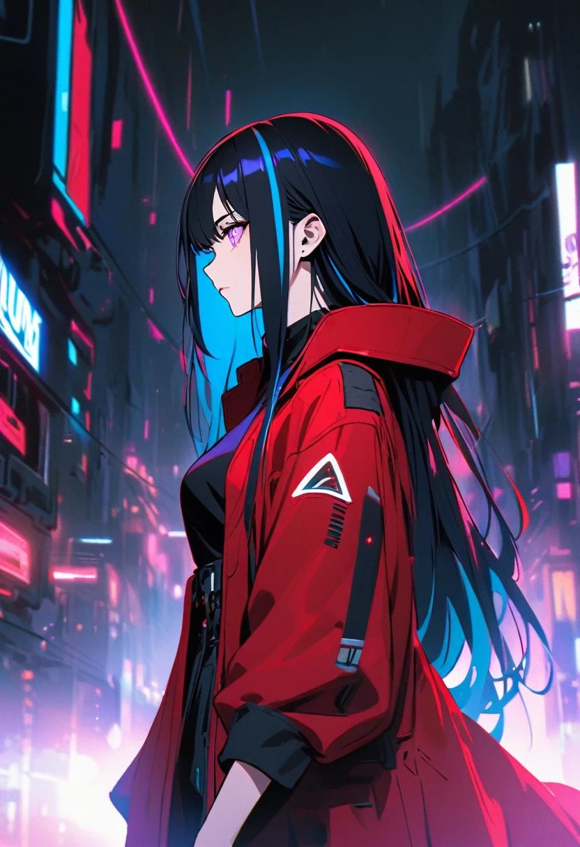 handsome, alone, 1 female, long hair, black hair, Blue highlights on the ends of the hair, purple eyes, black shirt, red coat, of the future, cyberpunk