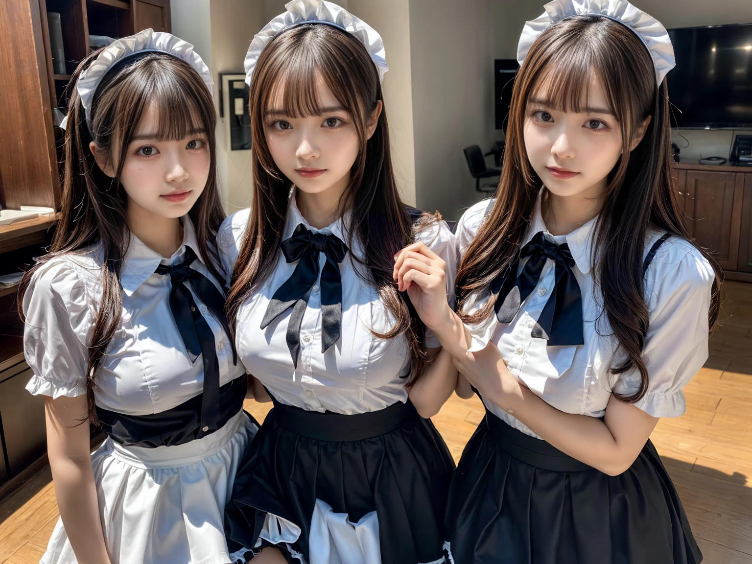 (2girls, twins:1.3), (beauty girls, delicate girls:1.3), (20 years old:1.3),
break, (cute maid uniform, ruffle blouse, pink ribbon tie, skirt:1.2),
break, (maid cafe:1.2),
break, very fine eyes, (symmetrical eyes:1.3),
break, (huge breasts:1.2), brown eyes, parted bangs, brown hair, Voluptuous things,
break, (eyes and faces with detailed:1.0),
break, (masterpiece, best quality, ultra detailed, detailed face, 8k)