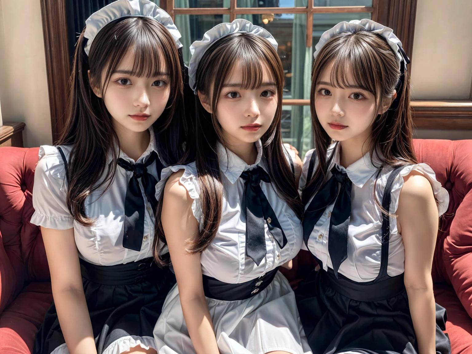 (2girls, twins:1.3), (beauty girls, delicate girls:1.3), (20 years old:1.3),
break, (cute maid uniform, ruffle blouse, pink ribbon tie, skirt:1.2),
break, (maid cafe:1.2),
break, very fine eyes, (symmetrical eyes:1.3),
break, (huge breasts:1.2), brown eyes, parted bangs, brown hair, 
break, (eyes and faces with detailed:1.0),
break, (masterpiece, best quality, ultra detailed, detailed face, 8k)