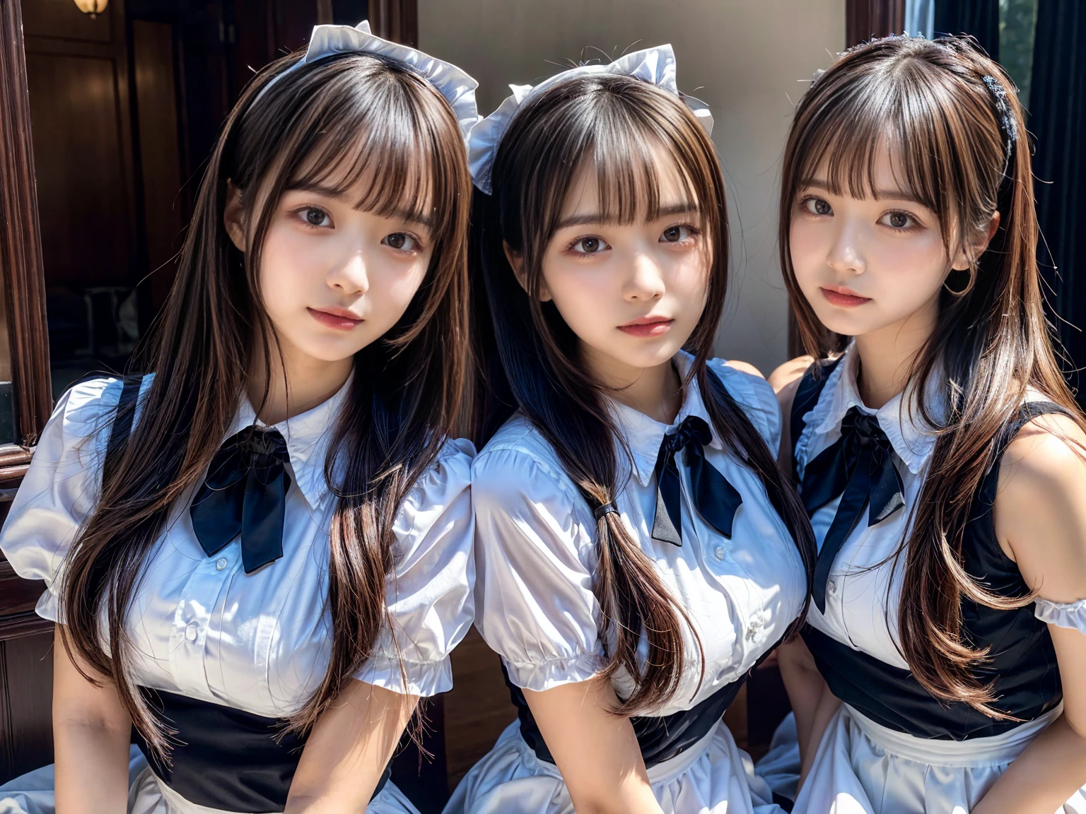 (2girls, twins:1.3), (beauty girls, delicate girls:1.3), (20 years old:1.3),
break, (cute maid uniform, ruffle blouse, pink ribbon tie, skirt:1.2),
break, (maid cafe:1.2),
break, very fine eyes, (symmetrical eyes:1.3),
break, (huge breasts:1.2), brown eyes, parted bangs, brown hair, 
break, (eyes and faces with detailed:1.0),
break, (masterpiece, best quality, ultra detailed, detailed face, 8k)