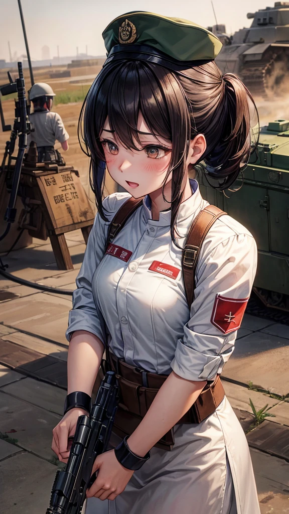 (round face), eyes with realistic sizing, drooping eyes, blush, shame, a housewife, (ecstasy face, lewd girl), (standing and straddling to hit her crotch against a vibrating grass trimmer, masturbating with complete concentration), braid,