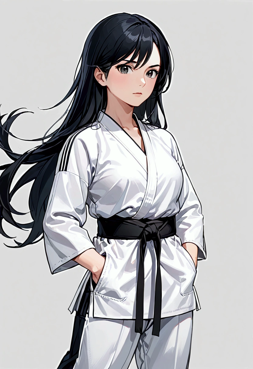 Mature Girl with long black hair with silver highlight, dark onyx eyes,tall rectangular body figure,karate gi