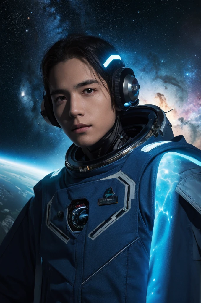 (best quality, masterpiece),Detailed,1boy,astronaut,complex portrait of a sci-fi Borg floating in outer space,nebula,galaxy,Looking forward,(cybernetic limb:0.7),