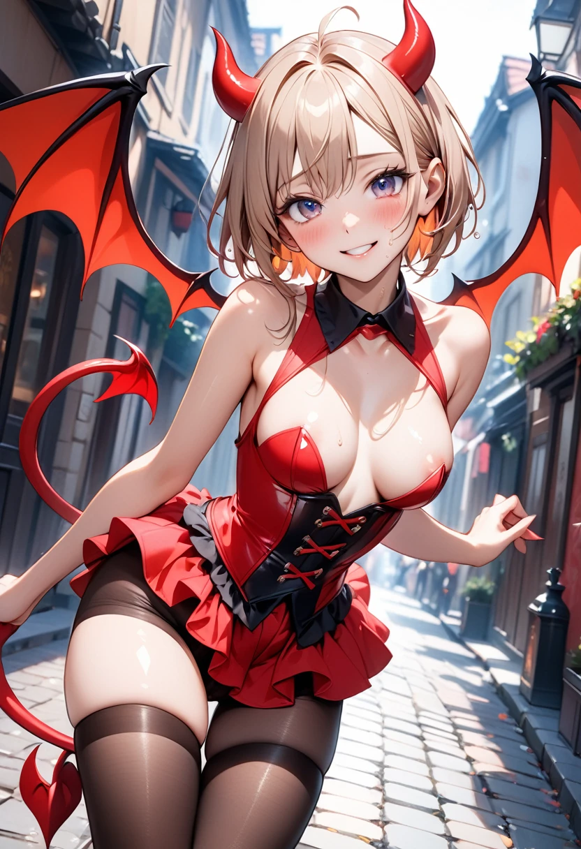 ((Sexy little devil costume, Devil wings, devil tail, skirt, pantyhose, corset costume)), skinny, solo, 1 woman, Masterpiece, highest quality, highest quality, 16K, incredibly absurd, highly detailed, 2.5D, ai-generated, delicate and dynamic, very delicate facial expressions, delicate eye depiction, erotic, only sexy woman, ((A cute and kind face)), healthy figure, ((25-year-old woman)), 160cm tall, medium firm swaying bust,, blush, Sweat,Embarrassed,sexy, ((thin thighs)), (camel toe:0.5), (visible nipples:0.8), (Erect nipples,:0.5), shiny and lustrous, facing straight at viewer, smile, ((Oily_skin)), dutch angle, ((erotic pose)), Dynamic poses,On the bright cobblestones,